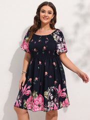 Finjani Allover Floral Print Shirred Midi Dress Plus Size Lantern Sleeve High Waist Dresses For Women 2023 Summer