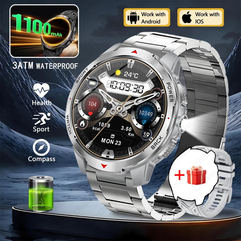 1100mAh Military Outdoor Smart Watch Men 1.7-inch Large Display Compass Sports Watch IP68 Waterproof Bluetooth Call Smartwatch