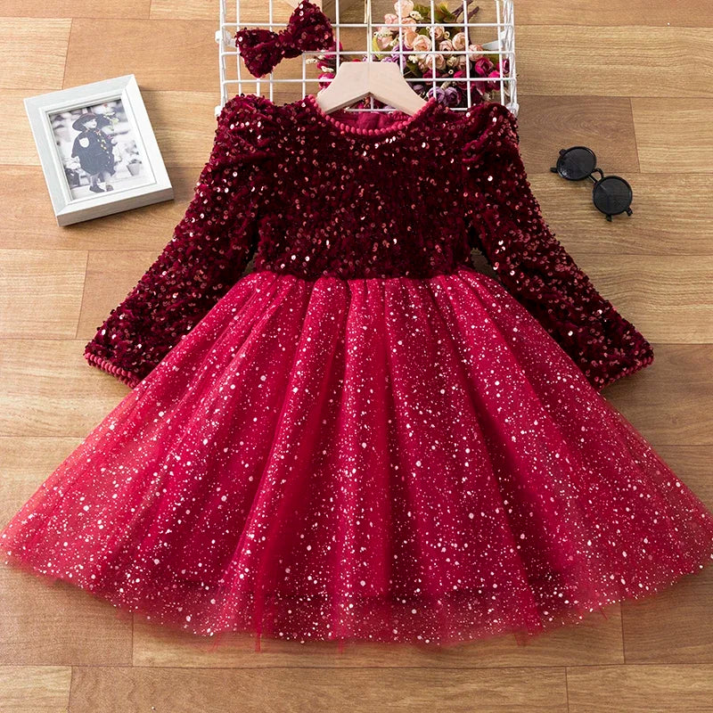 Red Sequins Christmas Dress for Girls Kids Winter Long Sleeve Clothes