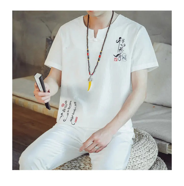 (Shirt + trousers) 2025 summer Chinese Style men shirt Cotton and linen shirts men's High quality casual shirts Two Piece M-5XL