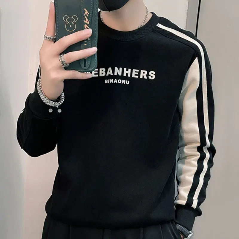 Autumn Winter Korean Spliced Pullovers Fashion Letter Printed Men's Clothing Long Sleeve