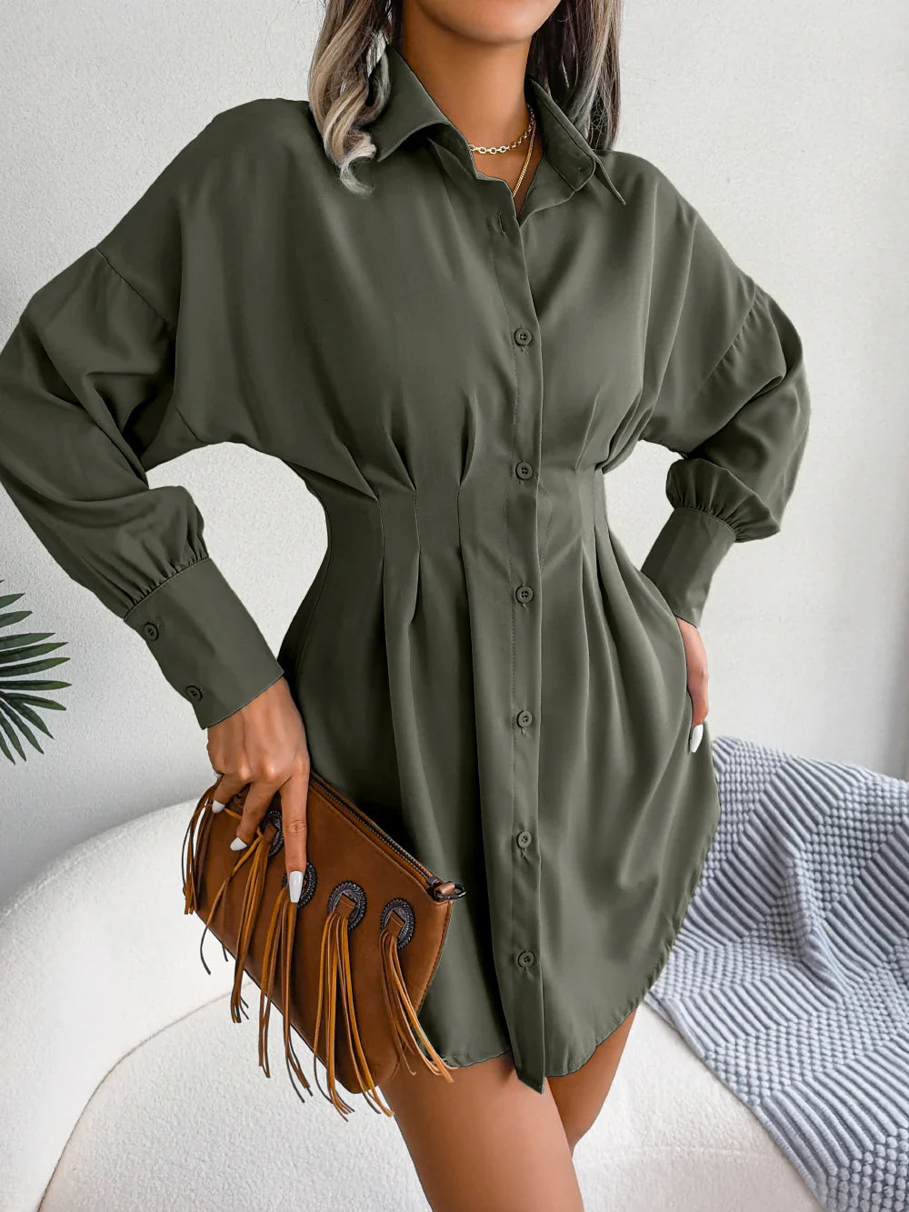 Women Casual Buttons Long Sleeve Shirt Dress Autumn 2026 Solid Color Lapel Mini Dress White Blue Army Green Woman Clothing