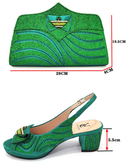 Doershow New Arrival African Wedding Shoes and Bag Set green Color Italian Shoes with Matching Bags Nigerian lady party HGR1-14