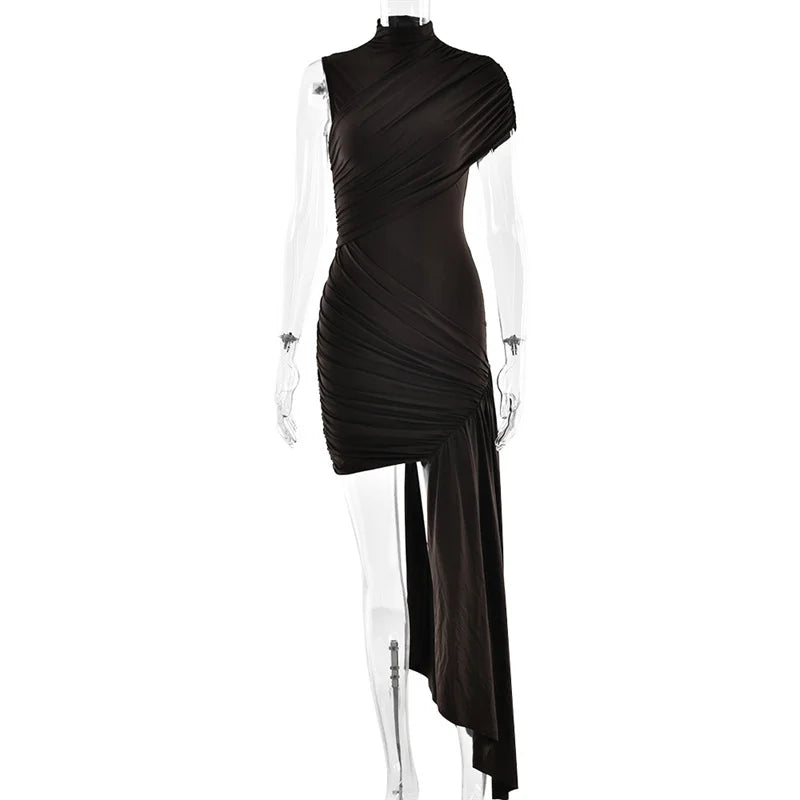 Balitops Summer Draped Ruched Sexy Mini Dress Women 2025 New Irregular High Waist Slim Fit Dress Female Elegant Club Tank Dress