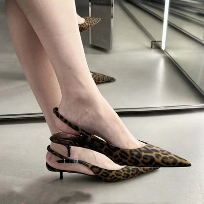Sexy Leopard Women Pointed Toe Sandals 2024 Summer New Female Slingbacks Fashion Metal Buckle Ladies High Heels Pumps Shoes
