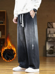 Men's Jeans Thicken Velvet Warm Denim Pants Wide-Leg Straight Thermal Fleece