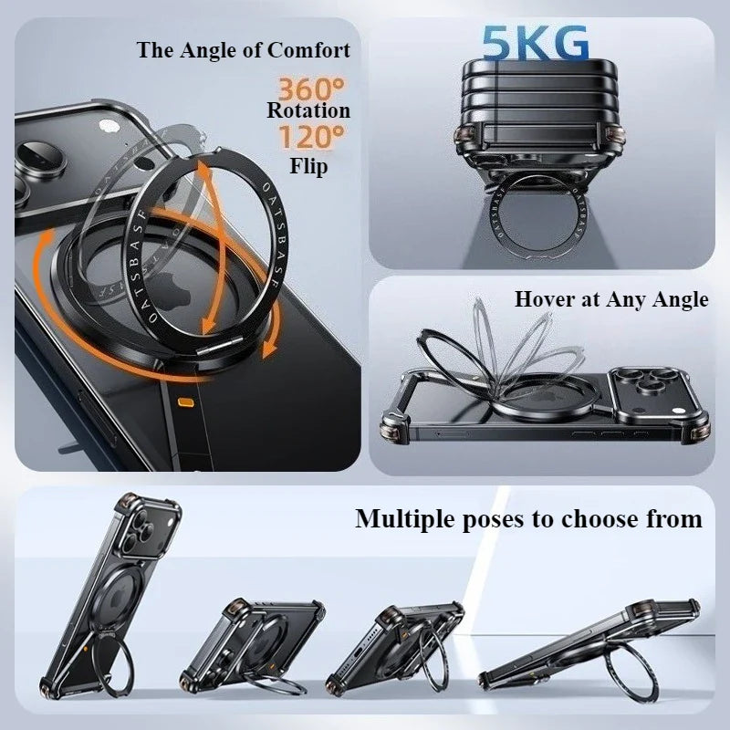 Phone Case for iPhone 17 Pro/Pro Max/17/Air with 360° Rotatable Stand Metal Frameless Magsafe Protective Shockproof