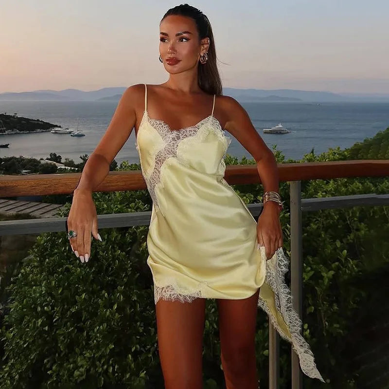 Tornova Lace Mini Spaghetti Strap Dress For Women Backless Slit Sexy Dress Evening Party Bodycon Female Elegant Dress High Waist