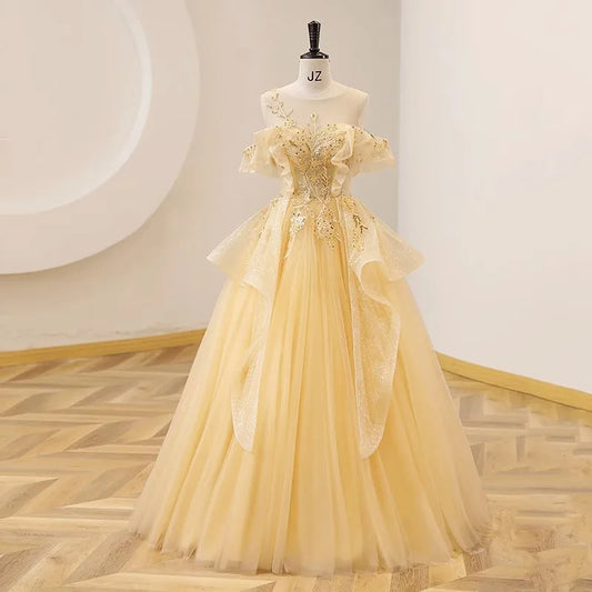 Off the Shoulder Prom Dresses Birthday Formal  Floral Sequined Tulle Illusion Long Floor Evening Gown