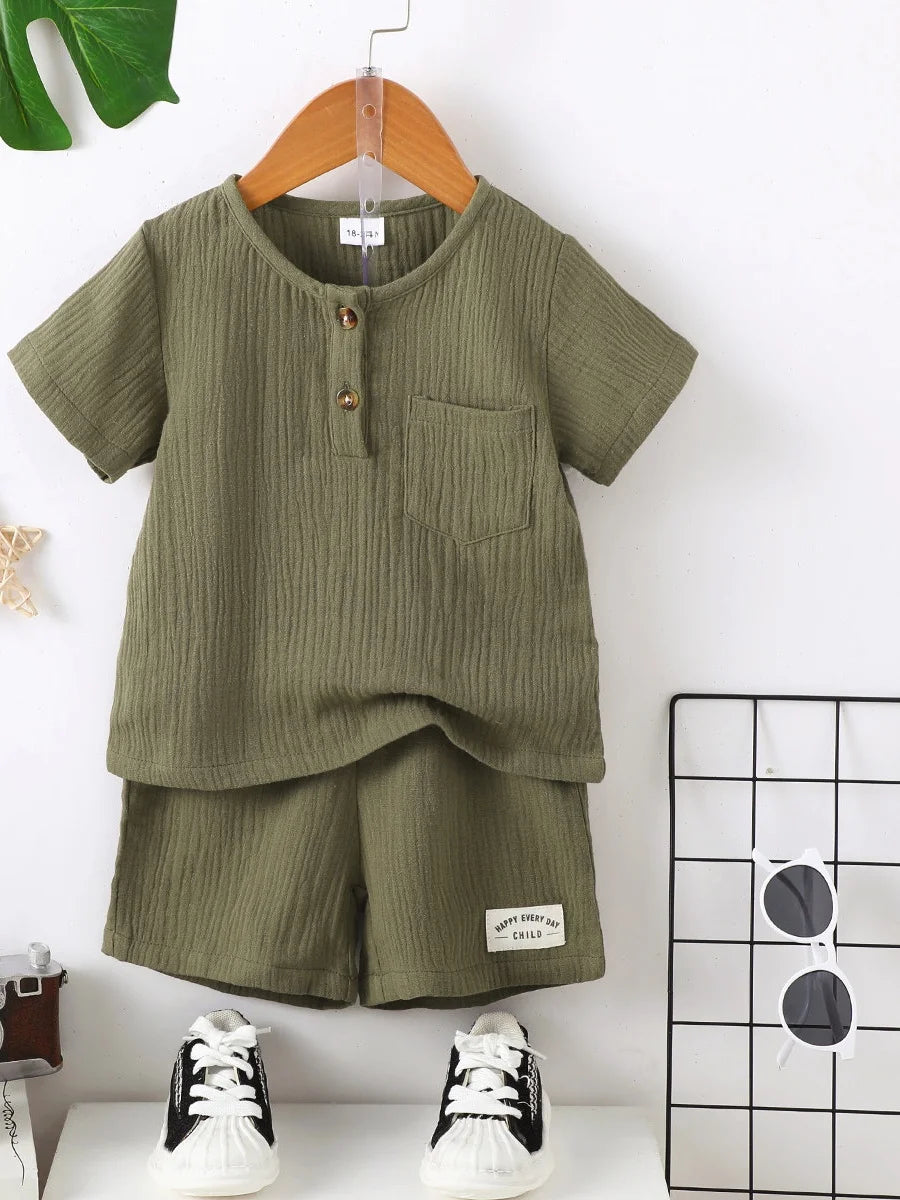 Summer  1-6  Years  Old  Cool  Boys  Double  Sided  Wrinkled  Fabric  Short  Sleeved  2-Piece  Set