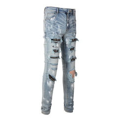 Men Crystal Skinny Stretch Denim Jeans Streetwear Holes Ripped Distressed Pants