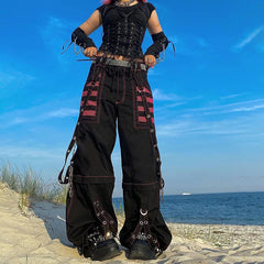 Gothic Women Punk Cargo Pants Wide Straight Leg Pants Grunge Hippie Baggy Trousers