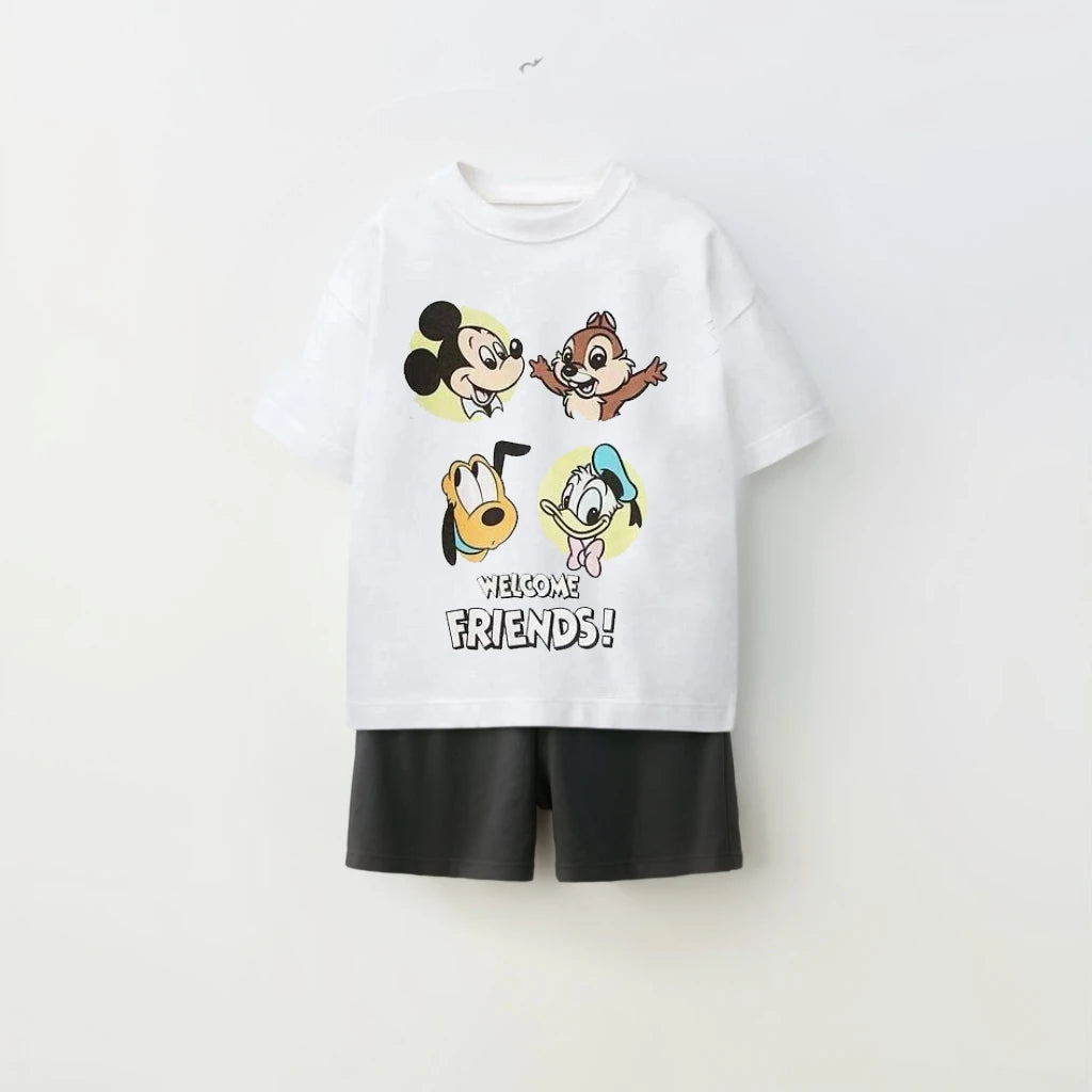 Kids Fashion Stes Casual Colthes Printing Tops+ Solid Color Shorts Loose Costume Two Piece Summer Boys Girls Clothing O-neck Tee