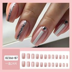 24Pcs/set Summer Short Medium Square Press on Nails Pink Stripe Pattern Fake Nails Glossy Artificial Manicure False Nails Cheap