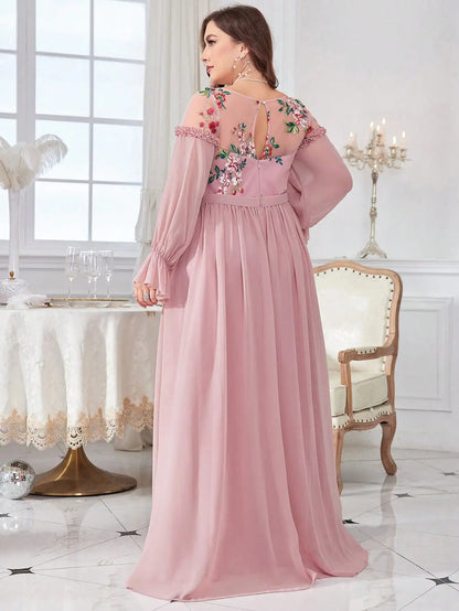 Mgiacy plus size Round neck Color embroidered half-through chiffon chiffon long sleeve dress Evening gown Ball dress Party dress