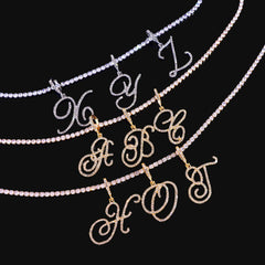 Cursive Letters Cubic Zirconia Chain Intial Name Necklace Hip Hop Jewelry Gold