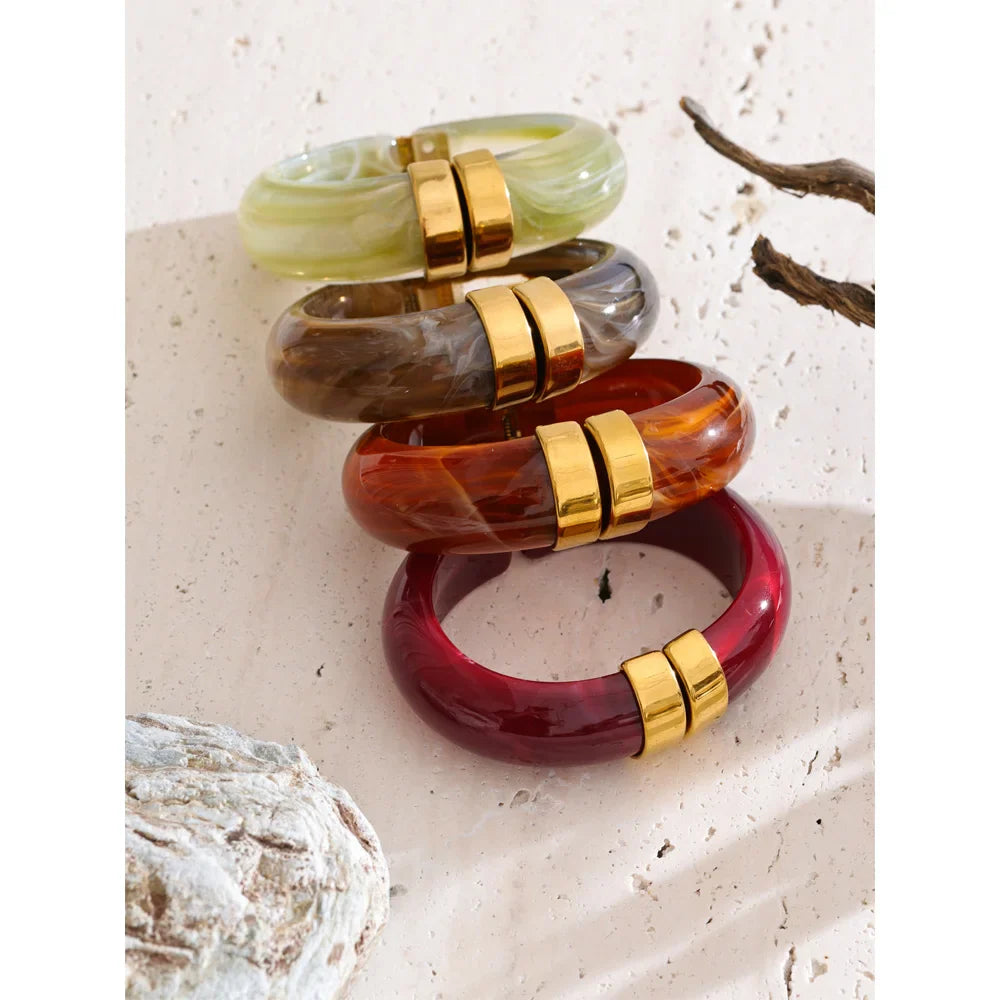 Yhpup 66mm Green Pink Brown Purple Acrylic Thick Bracelet Bangle for Women Stainless Steel Arrivals 2025 Wrist Jewelry Gift