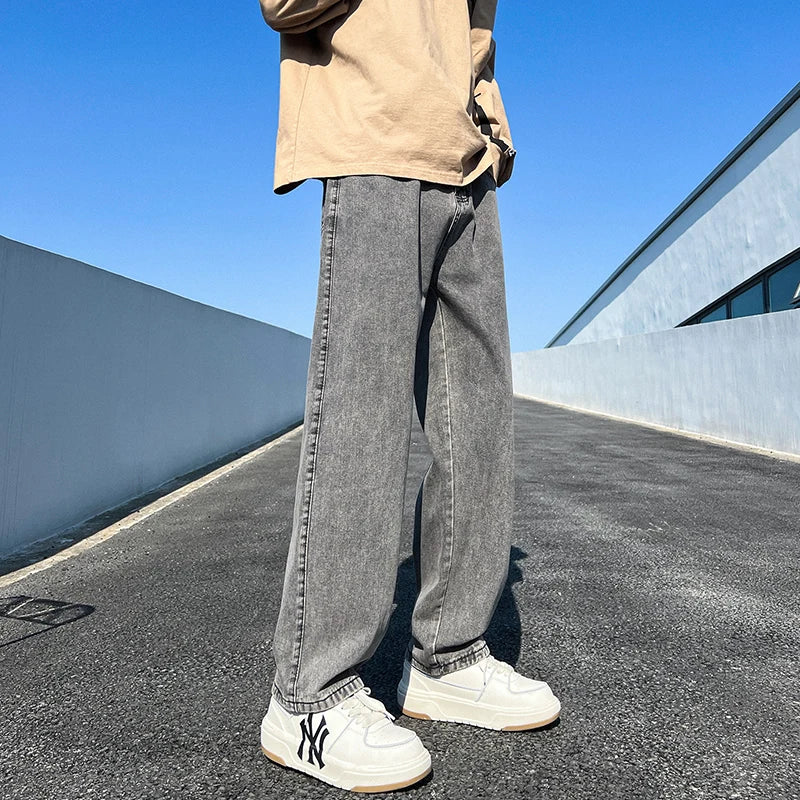 Men's Denim Wide-leg Pants Korean Style Straight Loose Jeans Street Hip-hop