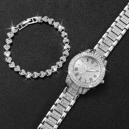 2pcs/set Women Stainless Steel Band Diamond Quartz Watch and Bracelet Set