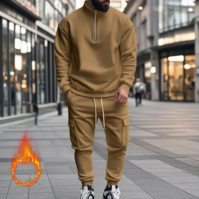 2024 autumn and winter men's casual velvet warm zipper sports trousers set