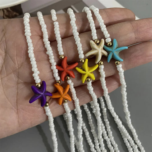 Shell Starfish Woman Short Necklace Summer Holiday Gift Handmade Choker  Seed Beads Neck Jewelry White