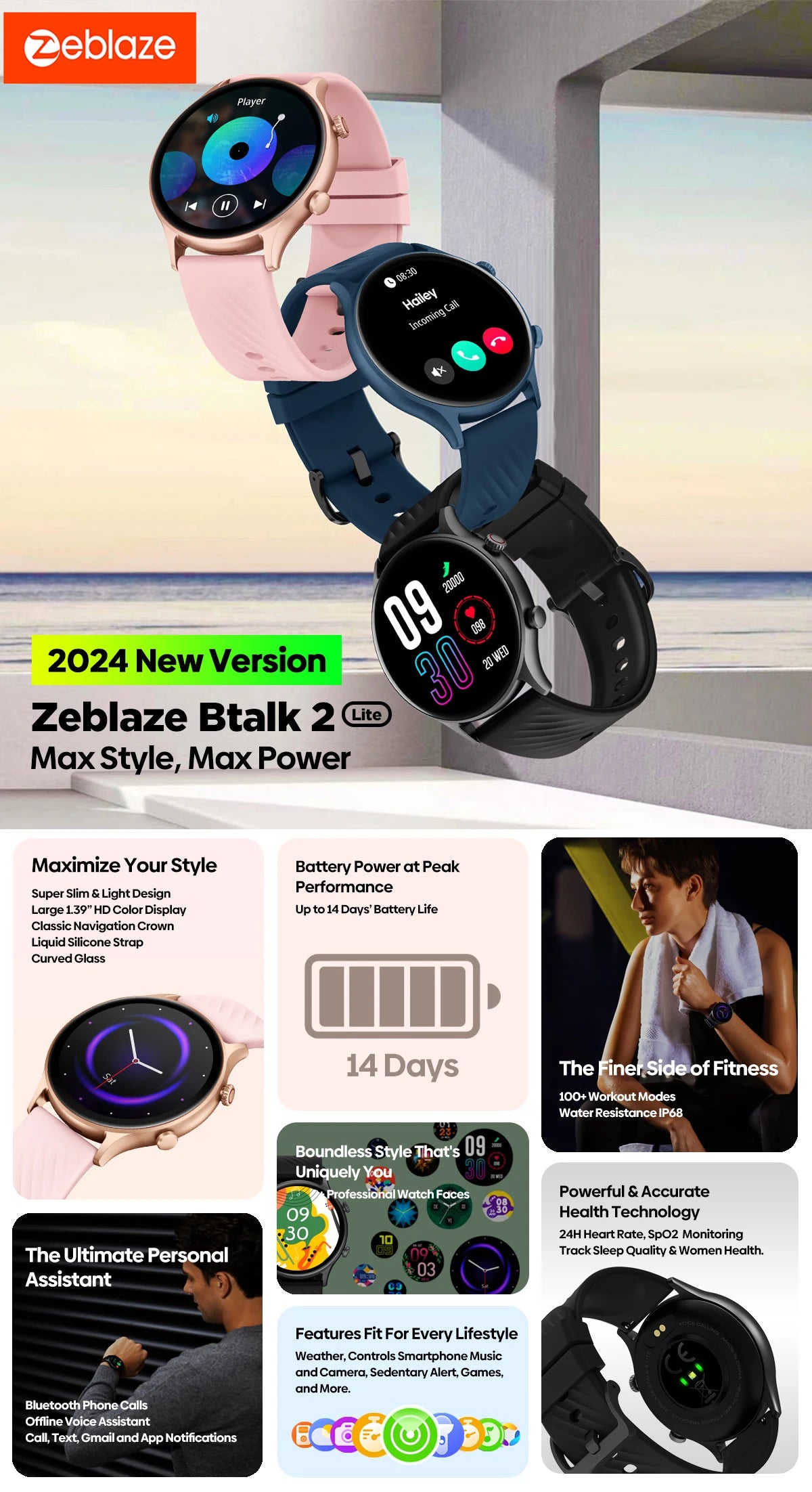 New 2024 Zeblaze Btalk 2 Lite Voice Calling Smart Watch Large 1.39'' IPS Display 100+ Sports Modes 24H Health Monitor Smartwatch
