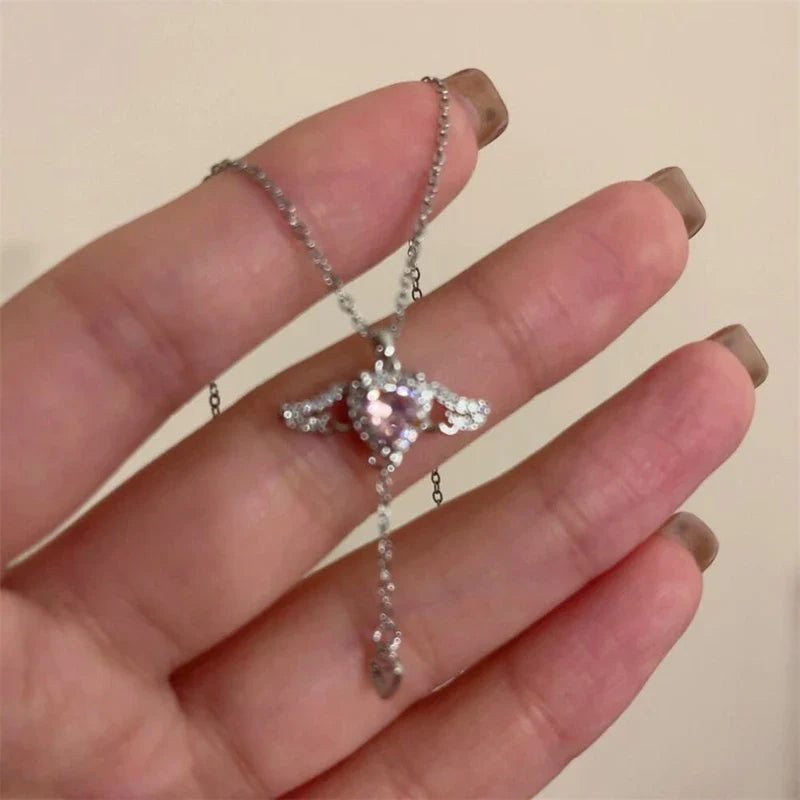 Fairy Elegant Pink Round Crystal Pendant Necklace Simple Design Korean Fashion Girls Women Star Clavicle Chain Jewelry Gifts