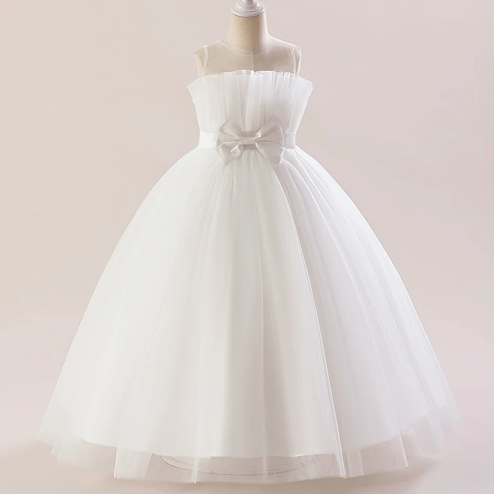 Summer Tulle Bridesmaids Pink Party Dresses for Girls Elegant Bow Princess Wedding Girls Dress First Communion Wedding Prom Gown