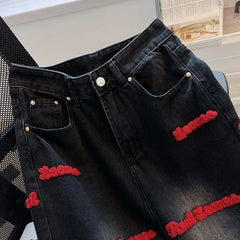 Black and Red Letter Embroidered Jeans Female Y2K Spring and Autumn