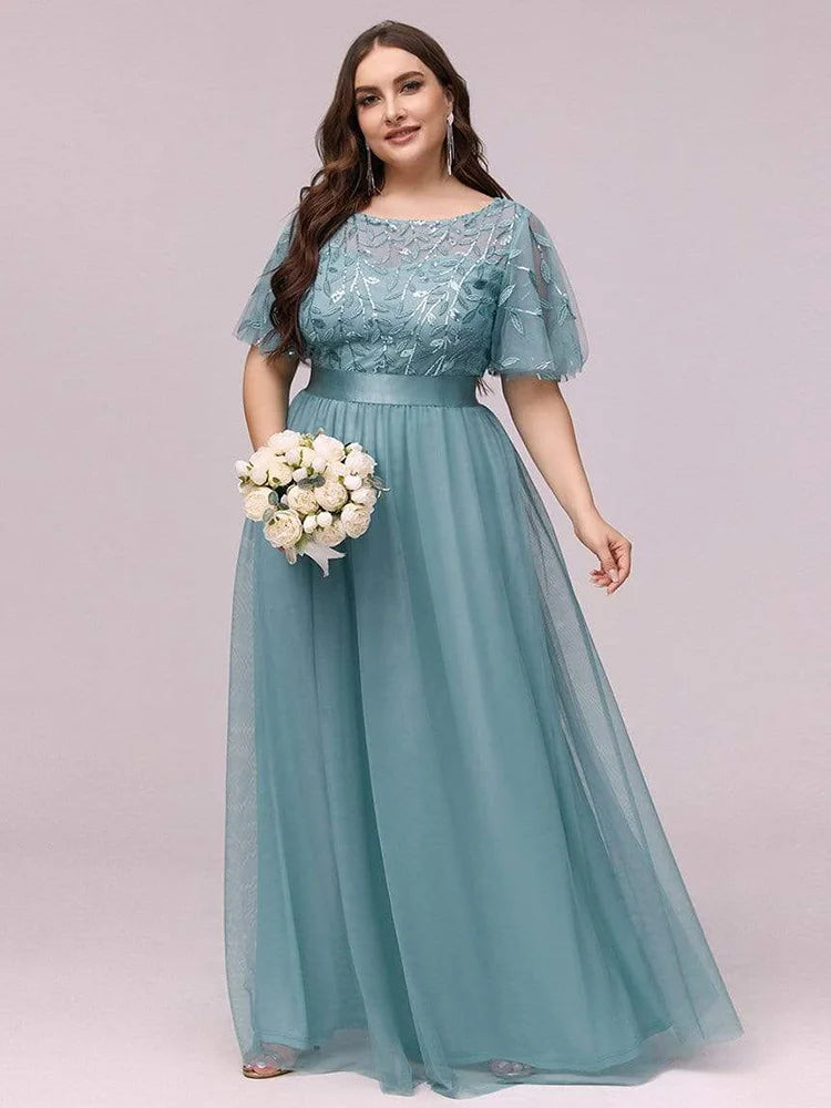 5XL 6XL Women Plus Size Elegant Evening Party Long Dresses 2023 New Summer Luxury Mesh Sequin Embroidery Formal Wedding Clothing