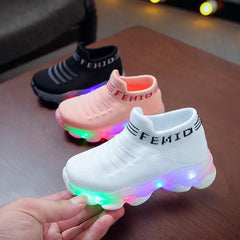 Kids Sneakers Children Baby Girls Boys Letter Mesh Led Luminous Socks Sport