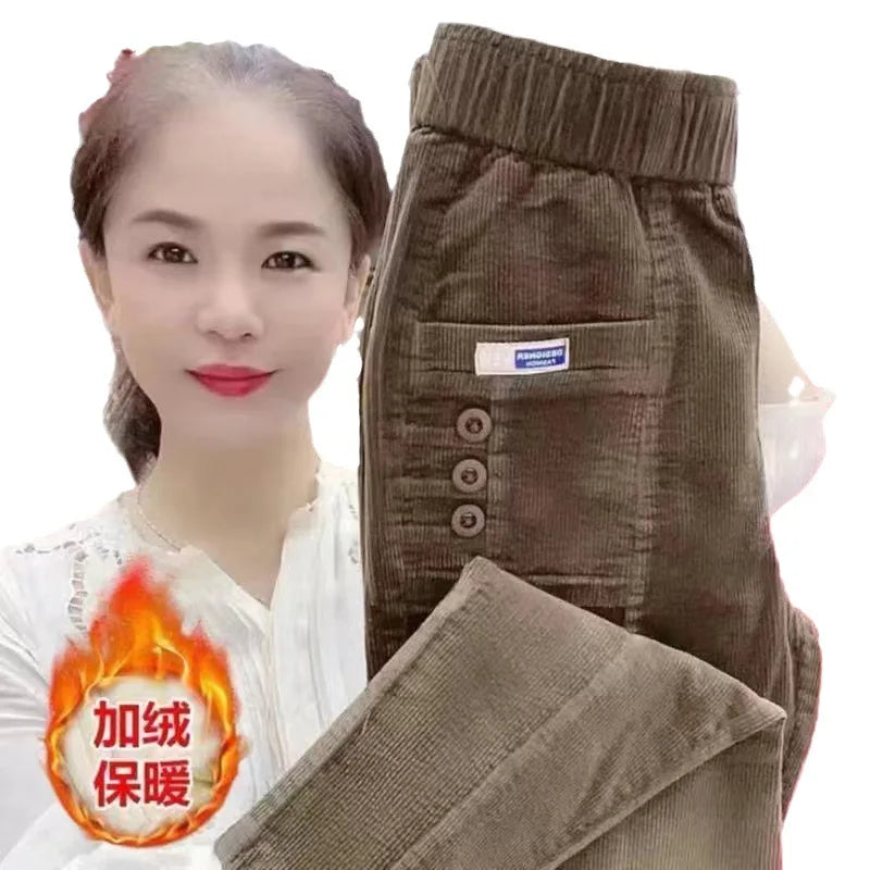 Women Warm Spring Winter Button Pockets Ruffles Vintage Pant