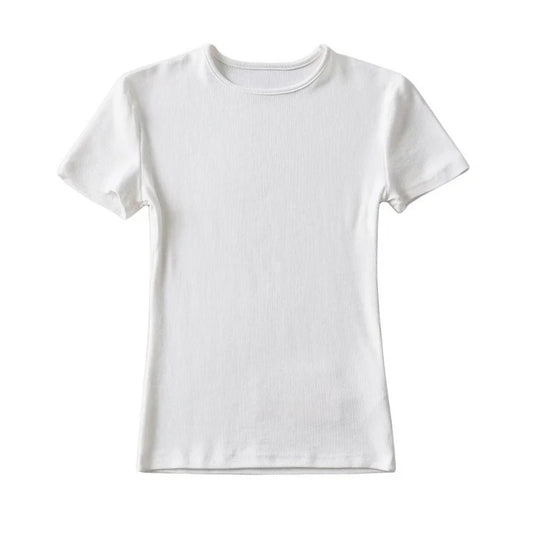 Casual Summer Woman Skinny Fit T-shirt Tight Short-Sleeve O-neck Tee Basic Solid Crop Tops T Shirt