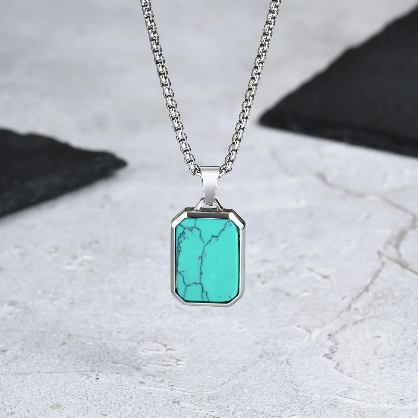 Trendy Pendant Necklaces for Men Boys,Square Natural Stone Stainless Steel Necklaces,Hip Hop Cool Healing Jewelry Gifts