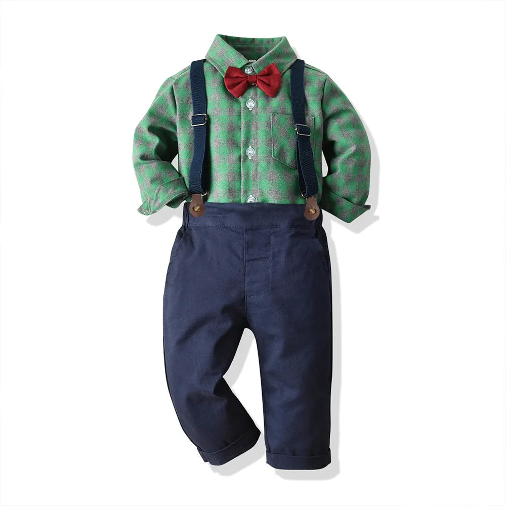 Children's Plaid Shirt and strap pants set for Boys with Bow Tie baby boy clothes 0 to 3Y Autumn Boys Clothes 70-130cm