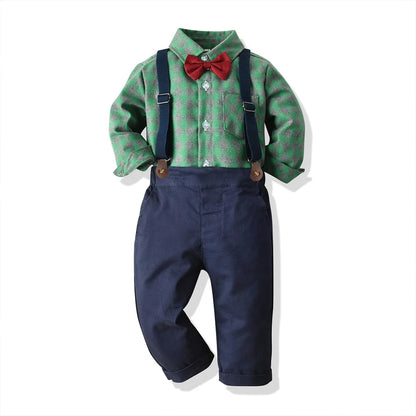 Children's Plaid Shirt and strap pants set for Boys with Bow Tie baby boy clothes 0 to 3Y Autumn Boys Clothes 70-130cm