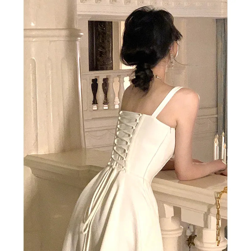Evening Dresses: White Strap Midi Dress Casual Evening Party Dress Women