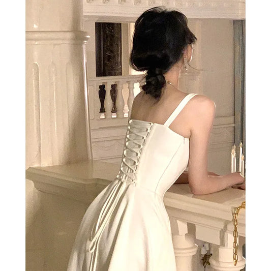 Evening Dresses: White Strap Midi Dress Casual Evening Party Dress Women