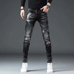 High Street Fashion Casual Ripped Jeans Men's Patch Teenagers Cowboy