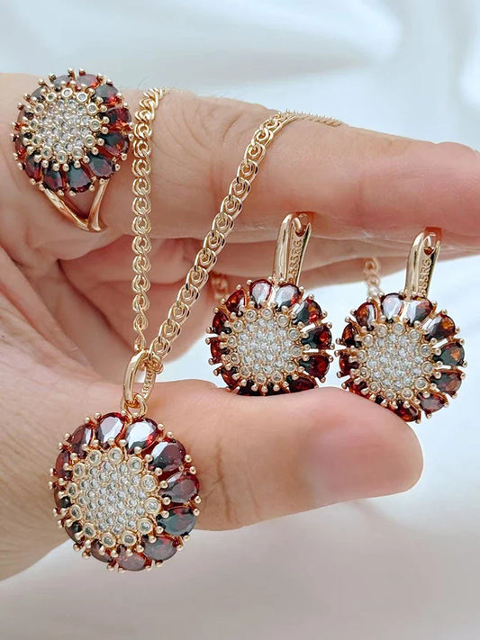 Kinel 585 Rose Gold Color Ethnic Vintage Women 3pcs Jewelry Sets Shiny Red Natural Zircon Ring Earrings Necklace Daily Jewelry