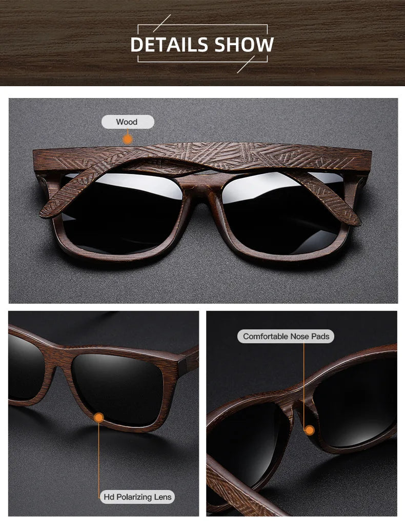 Natural Bamboo Wooden Handmade Polarized Sunglasses Unisex Retro Oversized Frame UV Protection Sun Glasses With Gift Box