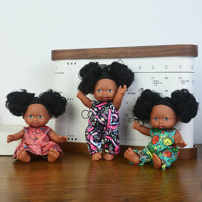 5in/13cm Kawaii Cute Black New Reborn Baby Dolls Educational Dolls Black Skin Black Hair With Cute Bow Headwear Birthday Gift