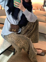 Women Leopard Jeans Pant Fashion Streetwear High Waist Vintage Female Cargo Pant