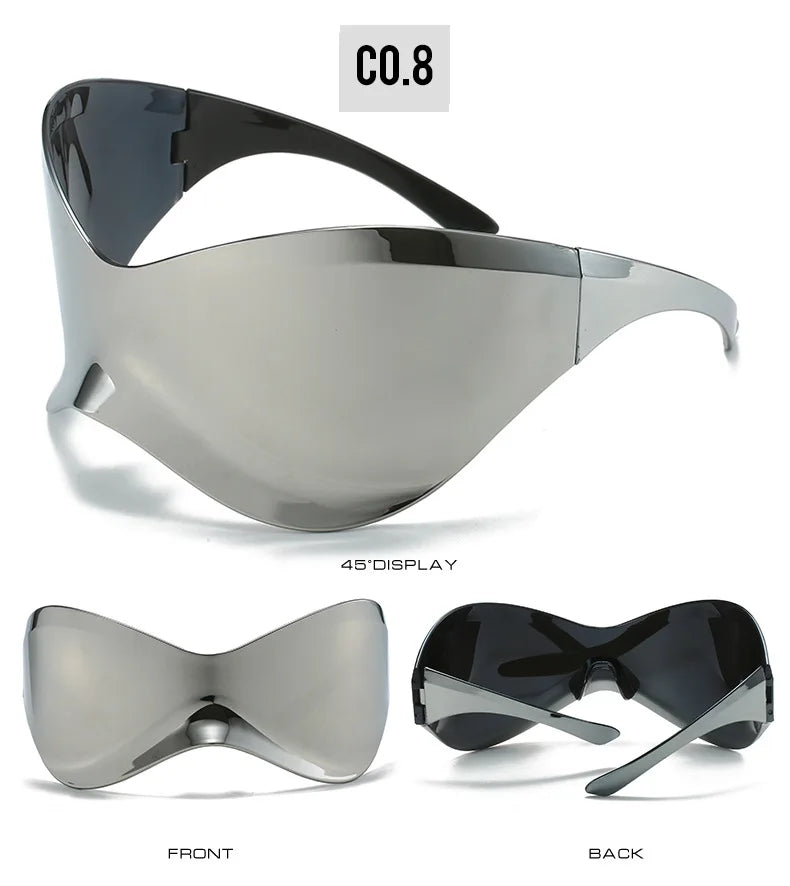 Y2K Sunglasses Women Fashion Silver Oversized Face Mark Shades Reflective Personal Sun Glasses for Cycling Travel