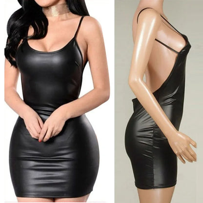 Women's Halter Faux Leather Suspender Backless Slim Sling Dress Fashion Solid Color Sexual Lifted Buttocks Ladies Mini Dress