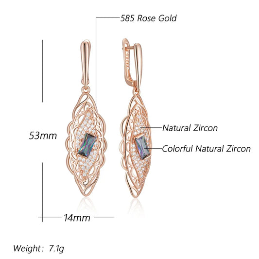 Kienl Hot 585 Rose Gold Color Flower Dangle Earrings for Women Square Colorful Natural Zircon Accessories Daily Fine Jewelry