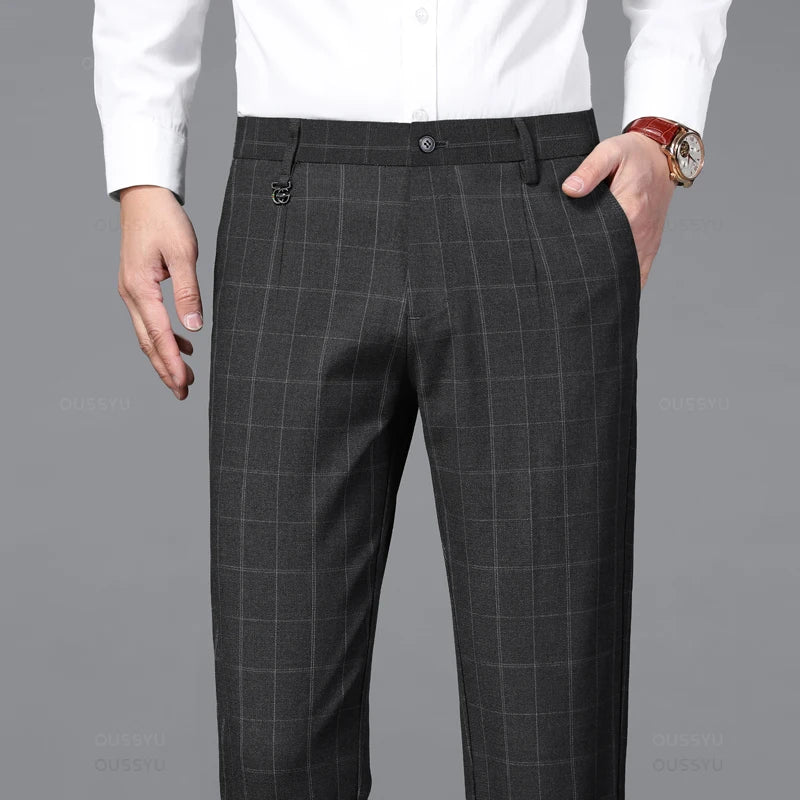 Plaid Stretch Pants Men Business Fashion Grey Black Casual Pants Male
