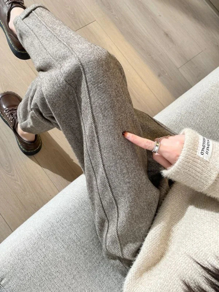 Straight Pants Women' S Pants Loose Casual Herringbone Warm Thickened Cropped Pants