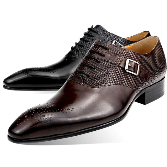 Mens Formal Genuine Leather Shoes Fashion Zapato Social Male Wedding Dress Loafer Shoes Weave Printing Lace-up Daily Brogue Shoe