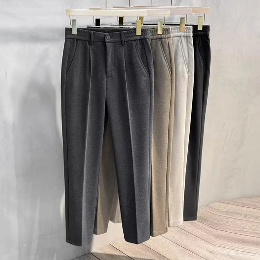 Autumn Winter Men's Woolen Suit Pants Formal Business Office Slim Straight Elastic